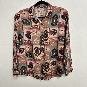 VTG 80s 90s 100% Silk Colorful Floral Patchwork Color block Shirt Button Up M